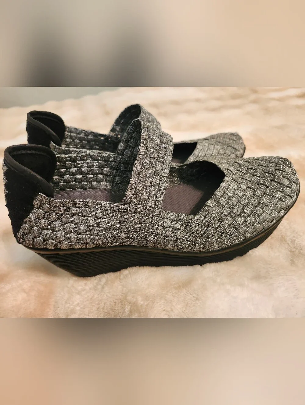 Woven Mary Jane Wedge Shoe in Gray Silver and Black